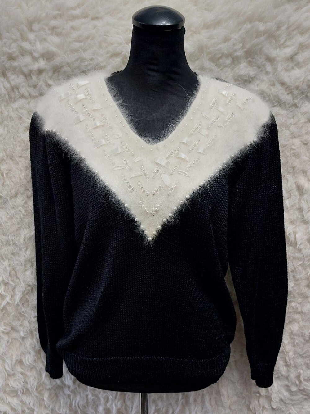 Vintage Franco Valeri Womens Black Sweater with Rabbit Hair and Faux Pearl Beads